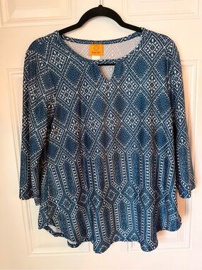 Rafaella Blue Geometric Keyhole Tunic Top